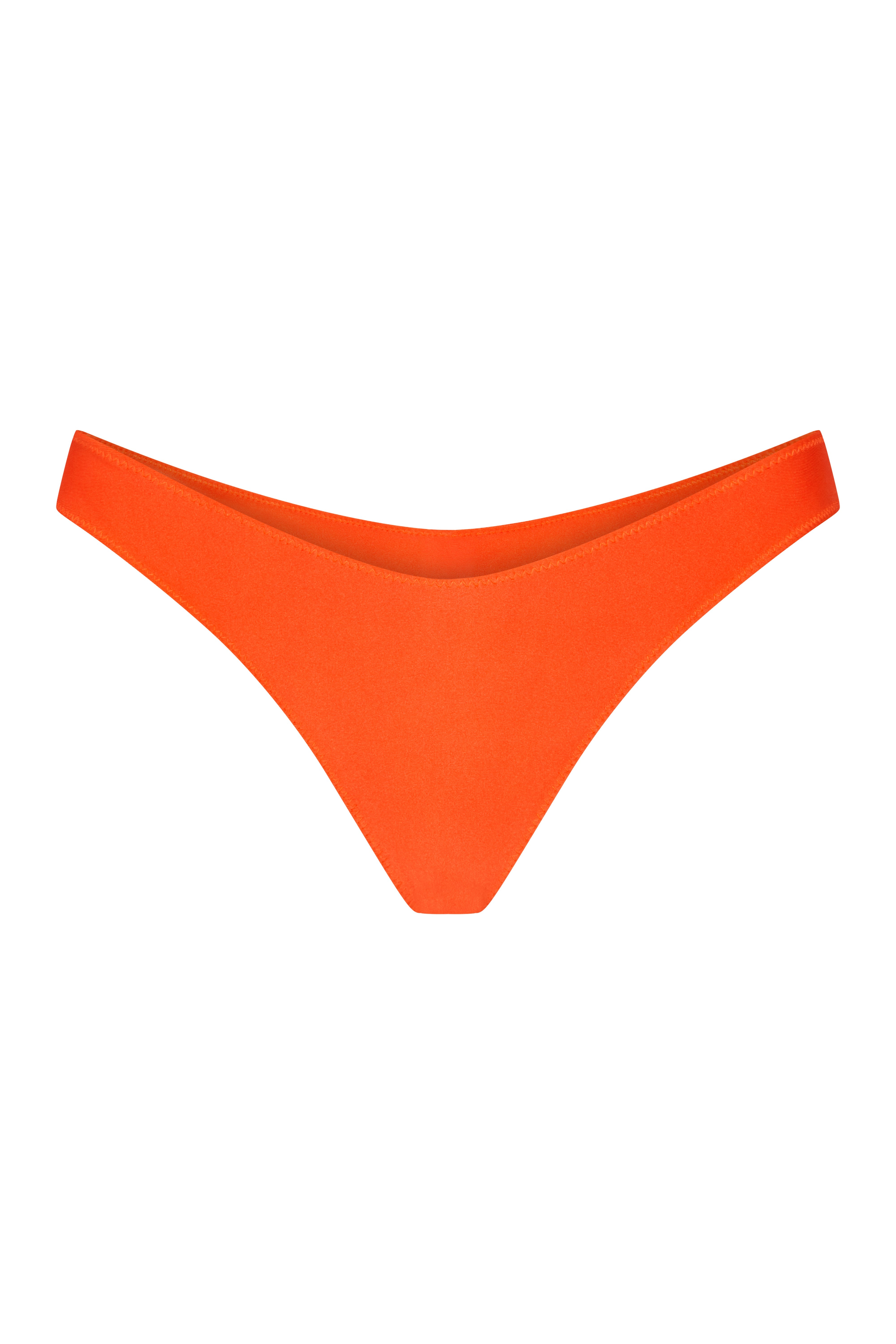 An orange Brazilian bikini bottom with a high-cut design, made from a shiny, stretchy fabric.