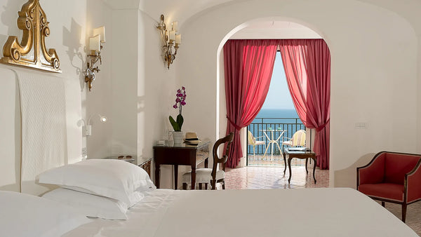 Luxury bedroom along the coast of Italy with a seaside view 