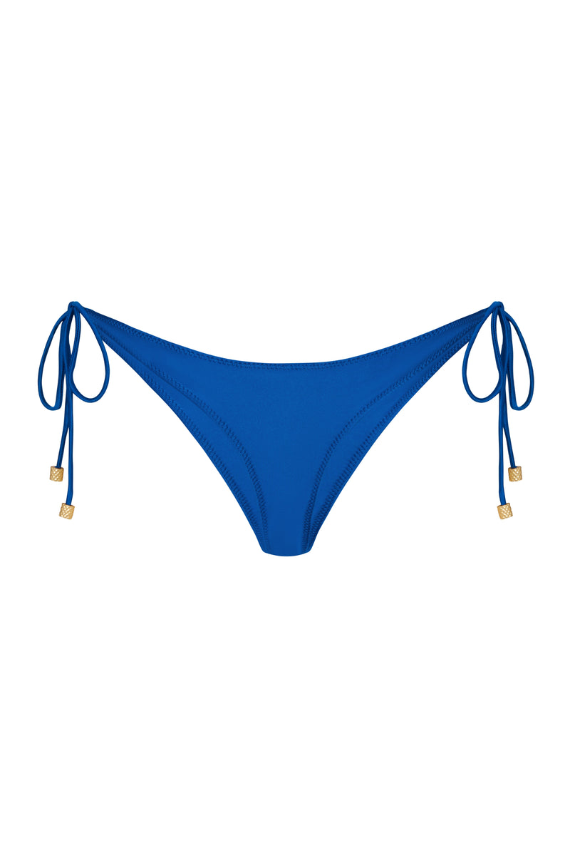 Blue tie side bikini bottoms with gold brushed toggles and a low waist cut.