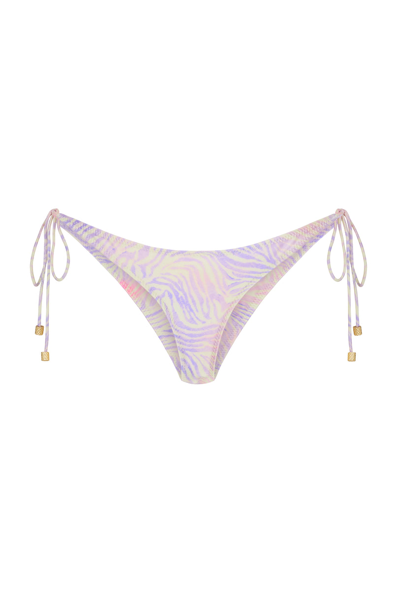Tie side bikini bottoms with a zebra print design, featuring gold brushed toggles and a Brazilian cut.