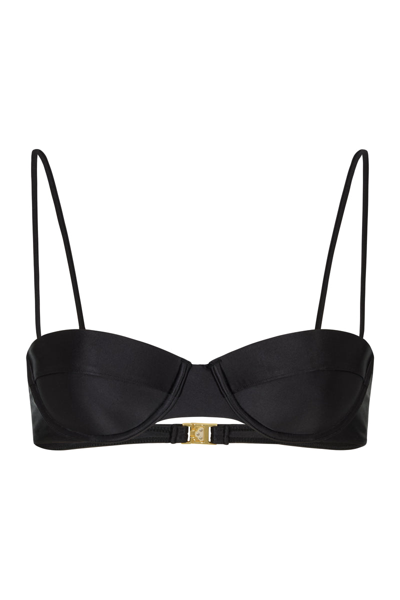 Sommer Swim Jaci Nero Gloss balconette bikini top – European swimwear with vintage gold detailing.