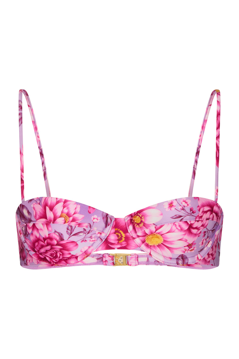 A pink balconette bikini top with a floral print, featuring adjustable straps and vintage gold hardware.
