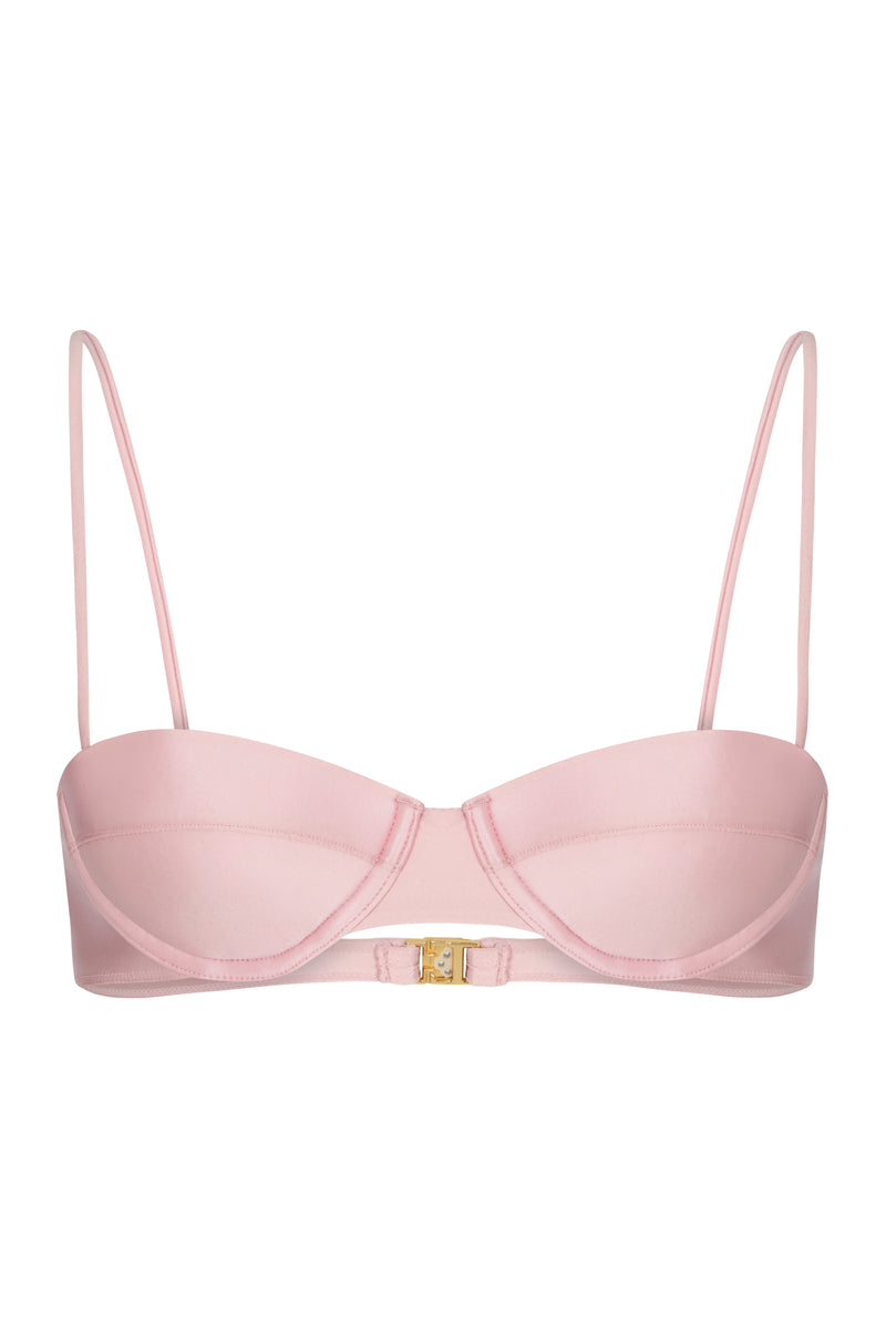A baby pink balconette bikini top with fully moulded cup, removable straps, and vintage gold hardware.