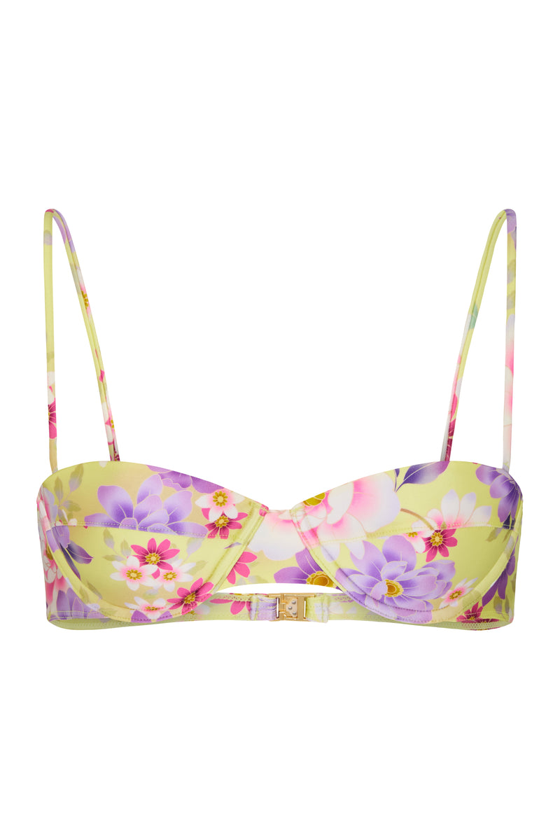 A balconette bikini top with a yellow floral print, featuring adjustable straps and gold hardware.