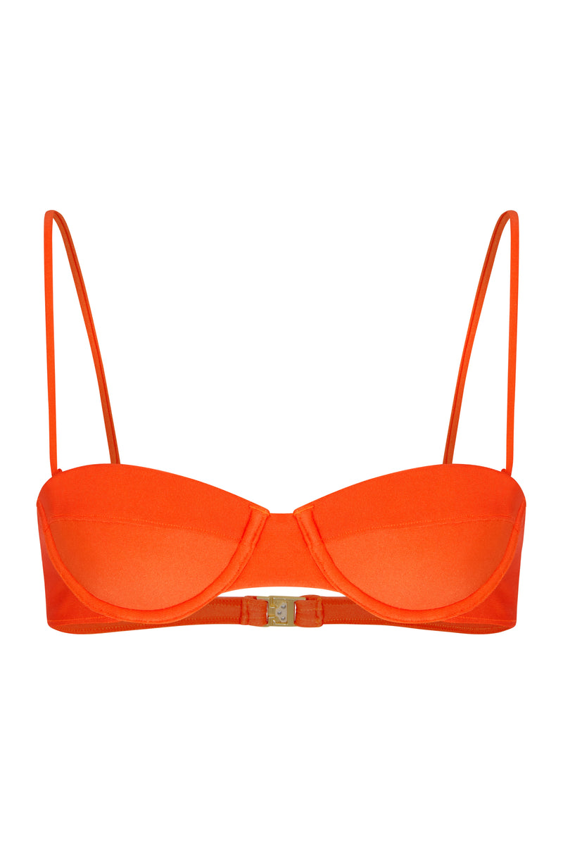 An orange balconette bikini top with removable straps and vintage gold hardware.