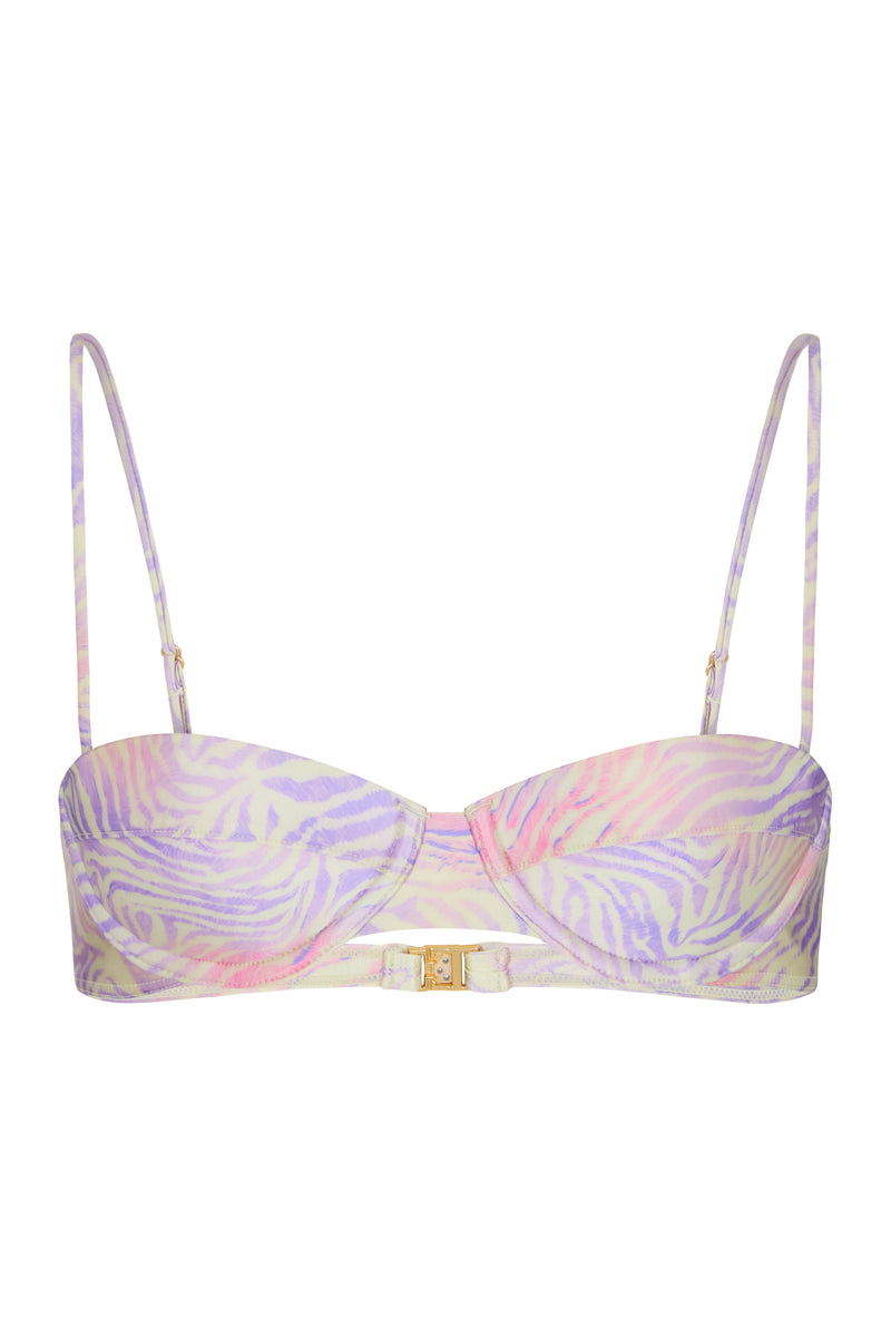 A balconette bikini top with a multicolor zebra print, featuring adjustable straps and gold hardware.