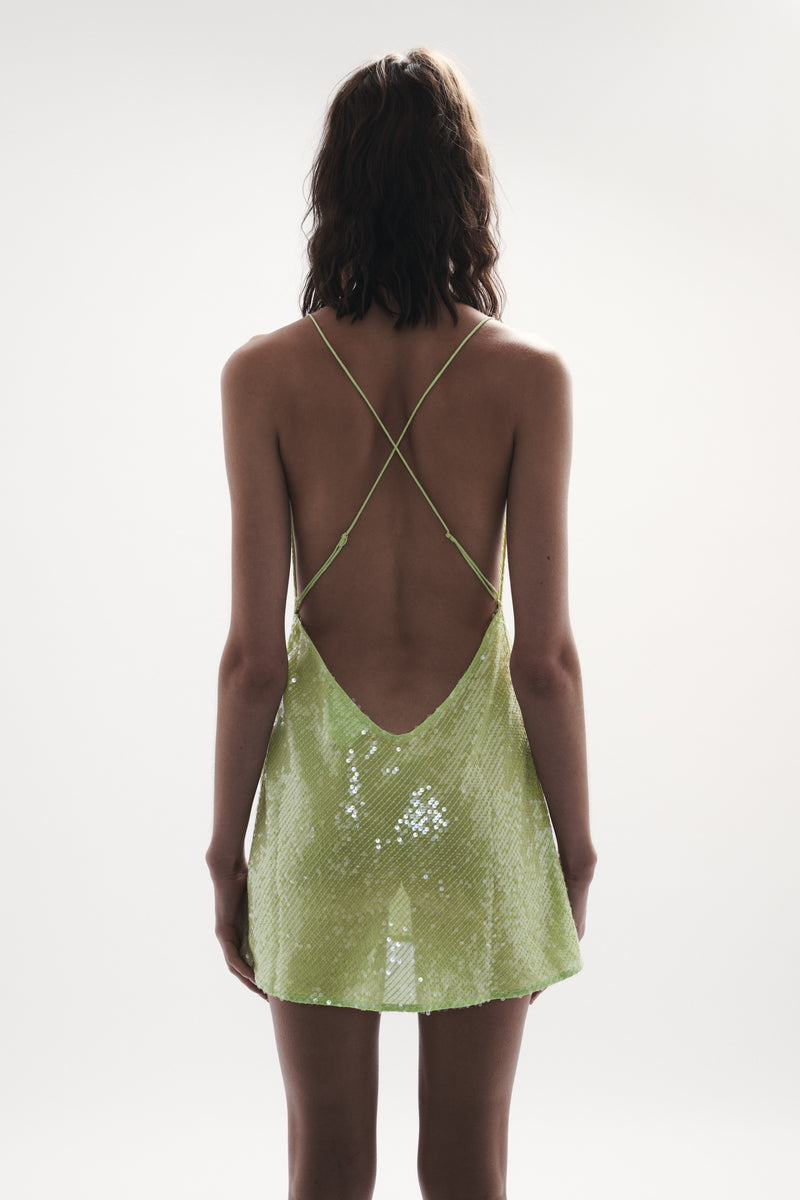 back view womens best resort wear by sommer swim bikini swimwear hot stylish elegant summer dress - ibiza chartreuse is a light green mini set with transparent round sequins