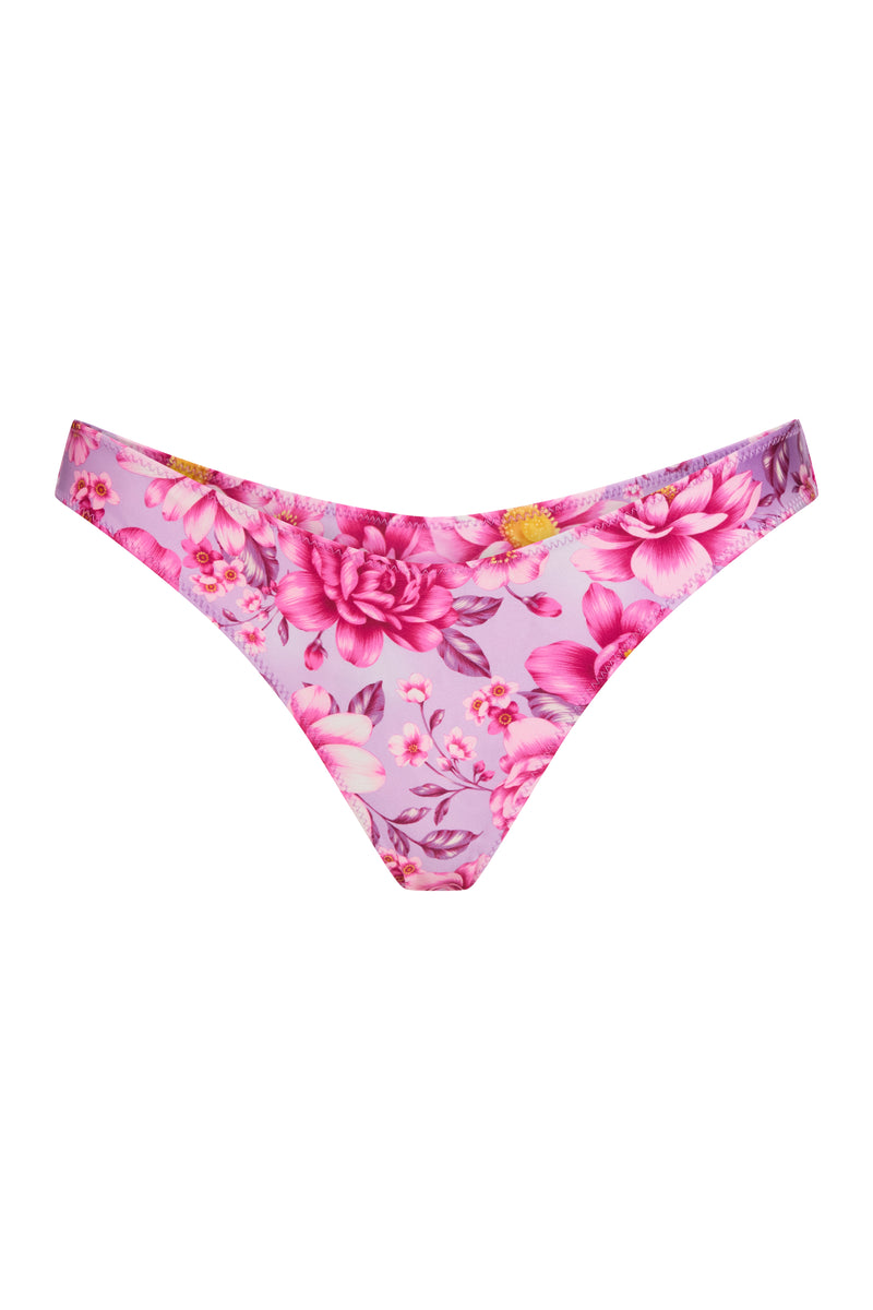 A Brazilian bikini bottom with a pink floral print, featuring a low-rise design.