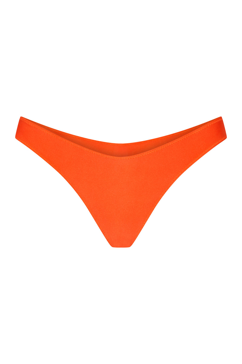 An orange Brazilian bikini bottom with a high-cut design, made from a shiny, stretchy fabric.