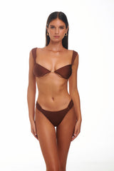Woman wearing a brown bikini set on a white background