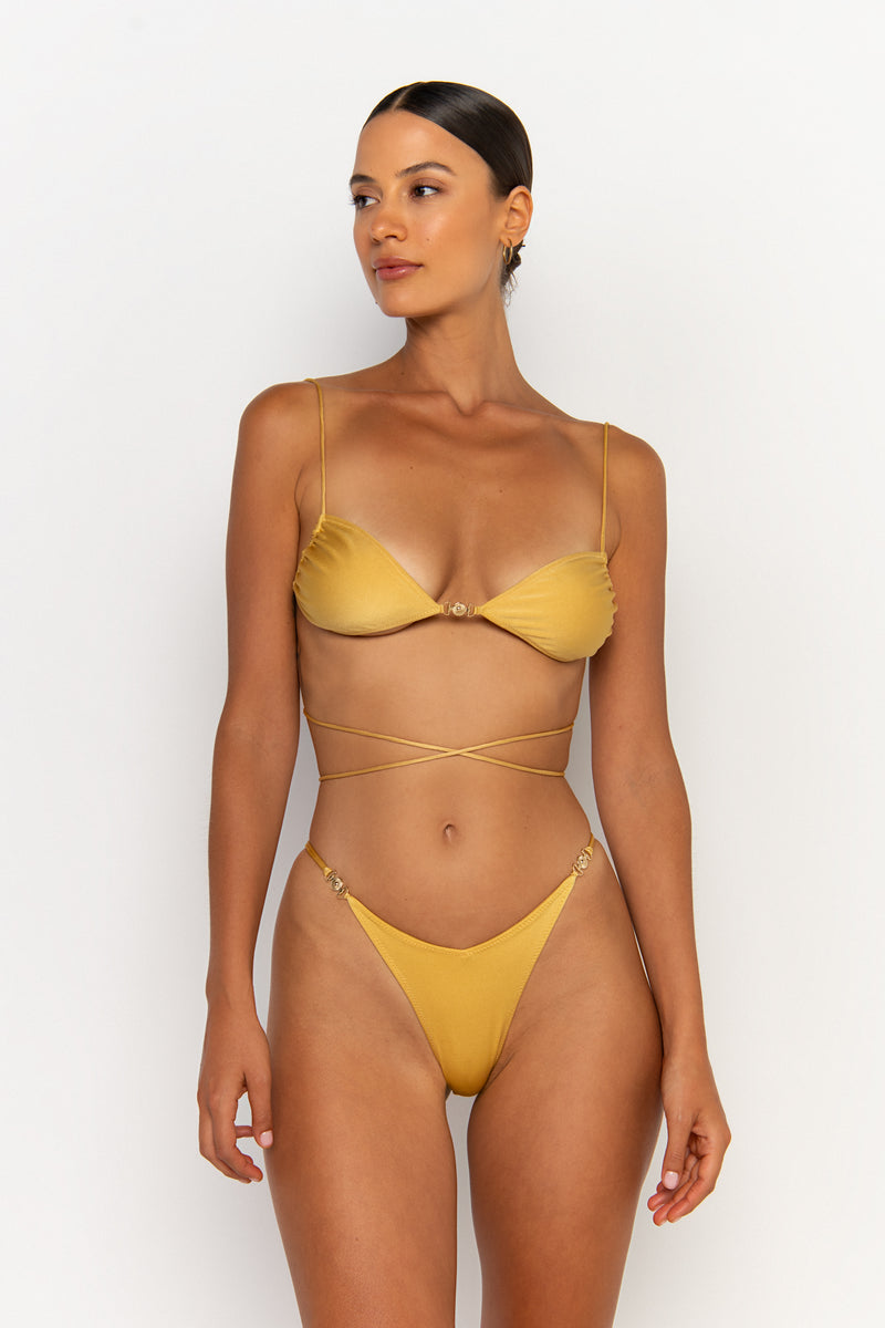 front looking side view womens best bikini by sommer swim bikini swimwear hot bikinis this summer - ella lusso is a golden bikini with bralette bikini top