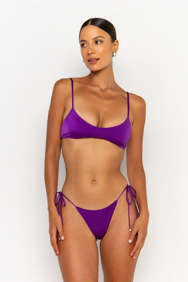 front looking side view womens best bikini by sommer swim bikini swimwear hot bikinis this summer - pilar petunia is a purple bikini with bralette bikini top